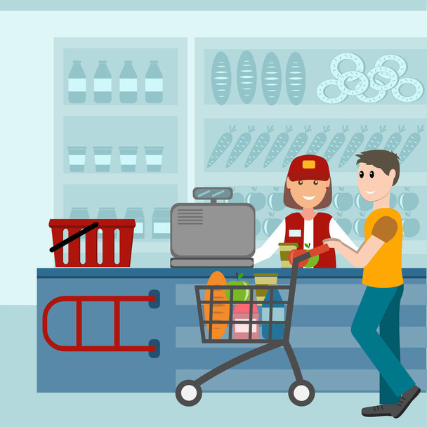 Male customer in a grocery store is calculated at the checkout, color vector illustration in flat style, design, decoration - Vector, Image