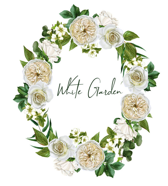 White roses and leaves, watercolor floral wreath - Photo, image