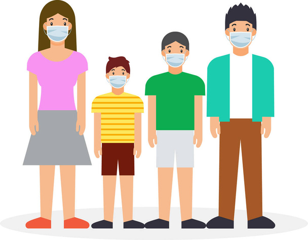 Rodina otec matka a syn nosí lékařskou masku obličeje v novém normálním pojetí. zabránit pandemii viru korony nebo COVID-19. Plochá vektorová ilustrace. - Vektor, obrázek