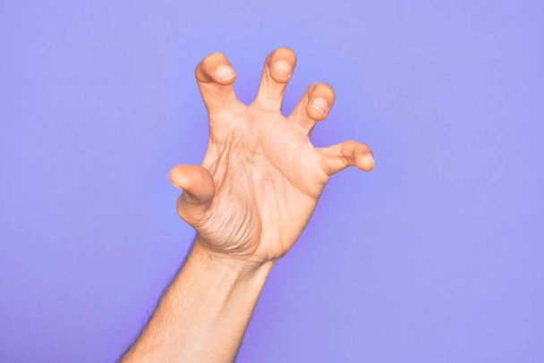 Ruka kavkazského mladíka ukazující prsty na izolovaném purpurovém pozadí svírající agresivní a děsivé prsty, násilí a frustrace - Fotografie, Obrázek