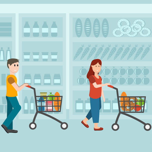 Άνδρες και γυναίκες αγοραστές σε ένα παντοπωλείο ψώνια σε καροτσάκια, εικονογράφηση διάνυσμα χρώμα σε επίπεδο στυλ, το σχεδιασμό, διακόσμηση - Διάνυσμα, εικόνα