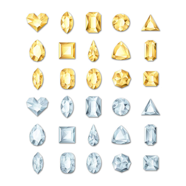 Conjunto de vectores realistas de oro y plata gemas blancas y joyas sobre fondo blanco. Diamantes dorados brillantes con diferentes cortes. Elementos de diseño e iconos para la tienda de regalos y joyas navideñas
. - Vector, imagen