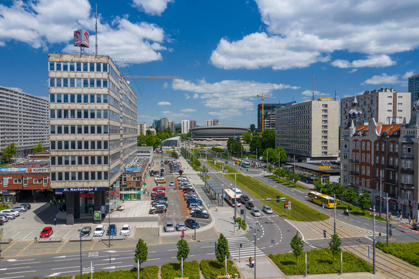KATOWICE, POLAND - JUNE 01, 2020: Aerial view of city center of Katowice, Upper Silesia. Poland. - Фото, зображення