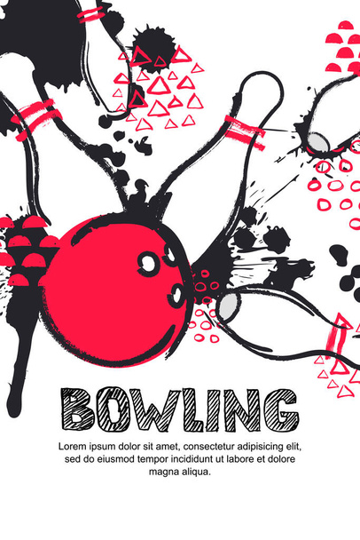 Vector bowling tournament watercolor illustration. Poster, banner, or flyer design template. Flat layout background with red bowling ball and pins. - Vector, Image