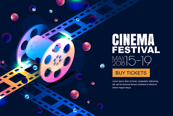 Vector glowing neon cinema festival banner. Film reel in 3d isometric style on abstract night cosmic sky background. Design template with copy space for movie poster, sale cinema theatre tickets. - Vector, Image