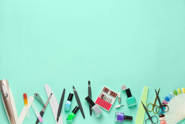 Supplies for manicure on color background - Foto, Imagem