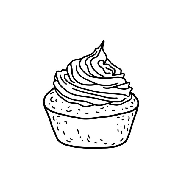  Cute little cupcake with cream on a white background. Black and white vector illustration of a cream muffin decorated with cream. Isolated object for printing, menu, coloring. - Vector, Image