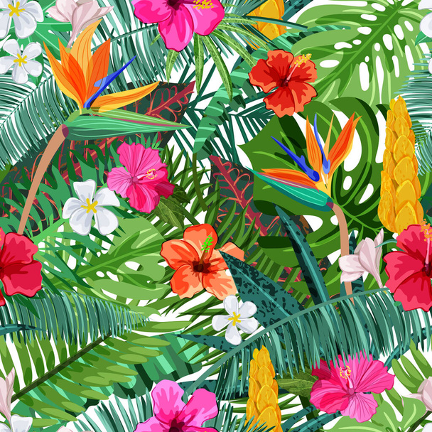 Tropical seamless pattern with flowers hibiscus, plumeria, strelitzia and palm, monstera leaves. Vector illustration. Summer or spring design elements for fashion textile prints and greeting cards. - Vector, Image