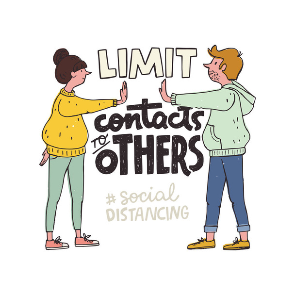 Limit Contacts To Others lettering inscription. Hand drawn typography poster with two people keeping distance to protect from COVID-19 coronavirus outbreak spreading. Social distancing concept - Vector, Image