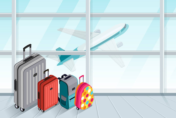 Multicolor luggage, suitcase, bags near the airport terminal window. Vector 3d isometric illustration. Takeoff airplane in window. Checked baggage, travel by aircraft and tourism concept. - Vector, Image