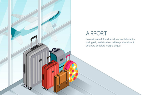 Luggage, suitcase, bags near the airport terminal window. Vector 3d isometric illustration. Takeoff airplane in window. Checked baggage, travel by aircraft and tourism concept. Banner with copy space. - Vector, Image