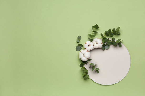 Composition with beautiful cotton flowers and eucalyptus leaves on color background - Photo, Image