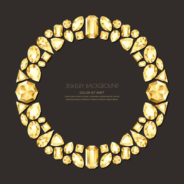 Vector round frame from realistic golden gems and jewels on black background. Shiny diamonds jewelry design elements. Banner, poster, gift card, invitation template. - Vector, Image