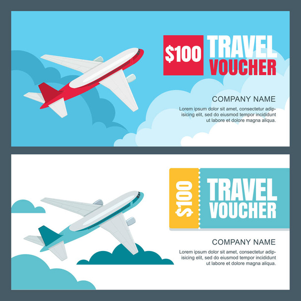 Vector gift travel voucher template. 3d isometric illustration of flying airplane. Concept for summer vacation, travel agency and sale ticket. Banner, coupon, certificate, flyer, ticket layout - Vector, Image