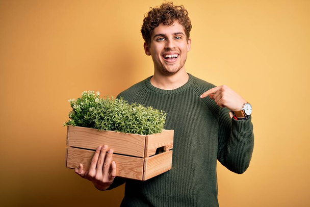Jonge blonde knappe man met krullend haar vasthouden houten doos met planten met verrassing gezicht wijzende vinger naar zichzelf - Foto, afbeelding