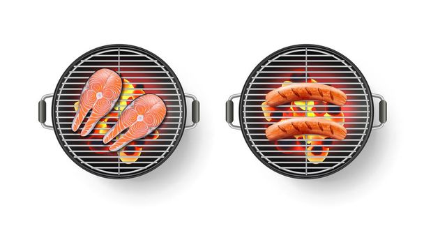Vector realistic 3d illustration of round barbecue grill with grilled sausage and roasted red salmon steak, isolated on white background. BBQ top view icon. - Vector, Image