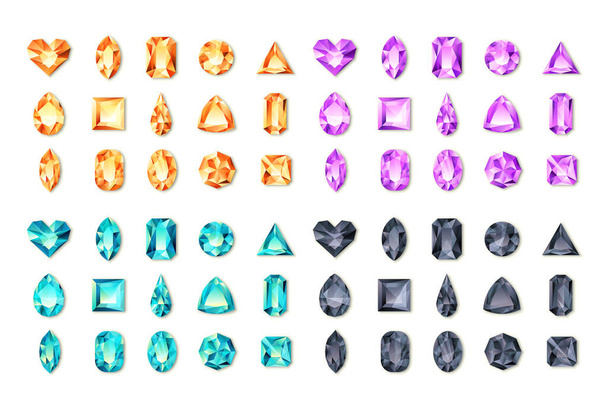 Set di vettoriale realistico turchese, nero, viola, gemme arancioni e gioielli su sfondo bianco. Diamanti lucidi multicolore con tagli diversi. Elementi di design e icone per articoli da regalo e gioielleria
 - Vettoriali, immagini