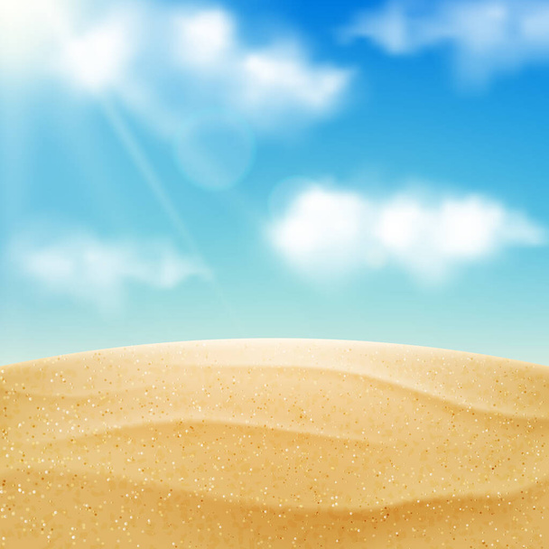 Vector realistic beach landscape. Yellow sand desert and blue sky with clouds. Summer vacation background. - Vector, Image