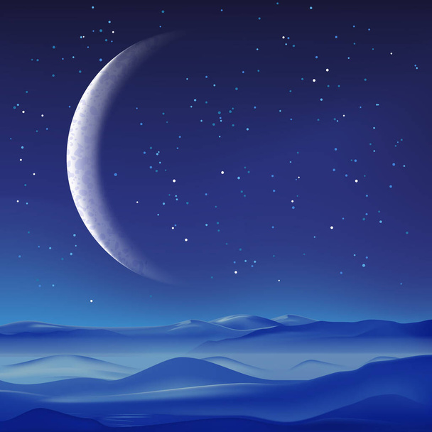 Ilustración realista vectorial del paisaje de las montañas brumosas y la media luna en el cielo azul. Fondo de naturaleza nocturna
. - Vector, imagen