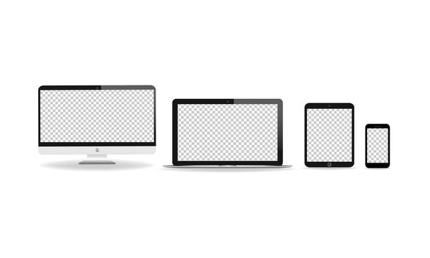 Uusi laite realistinen kuvake tasainen sarja. Älypuhelin, kannettava tietokone, tietokoneen näyttö, tabletti ja älykäs katsella eristetty valkoinen tausta. EPS 10 vektori
 - Vektori, kuva