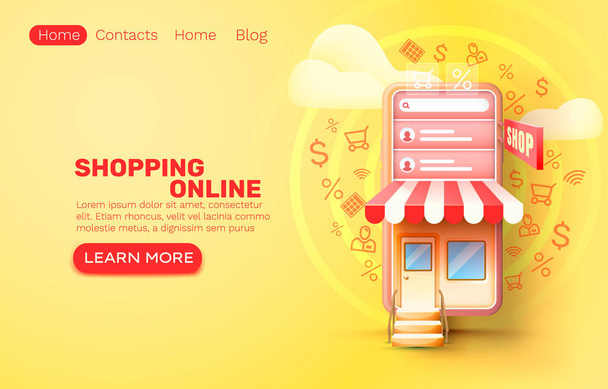 Smartphone shopping online application, web market banner, sale store. - Vektor, kép