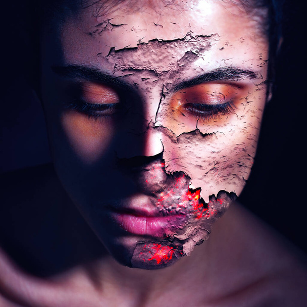 Destruction, Female Portrait with destructive texture over skin - Zdjęcie, obraz
