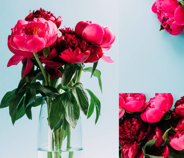 boeket van roze pioenrozen in glazen vaas op blauwe achtergrond, collage - Foto, afbeelding