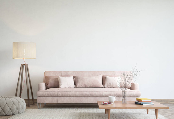 Belső ház design egyszerű fehér háttér mock up.Modern skandináv tér koncepció.Nappali otthon. Fa padlólámpa és asztal rózsaszín kanapéval és párnákkal. 3D-s renderelés. 3d illusztráció - Fotó, kép