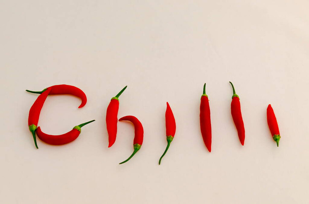 Sign or symbol Chilli, made from the fruit of fresh chilli red pepper with a green stalk, Sofia, Bulgaria. Suitable for inclusive education.  - Foto, Bild