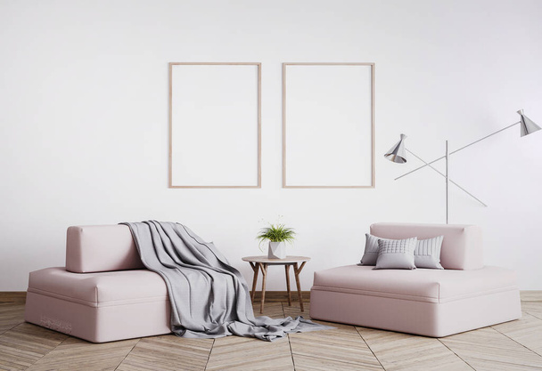 ピンクのソファ、 2つの木製フレーム、銀の床ランプとリビングルーム、北欧スタイル、 3Dレンダリングでテーブルとホームインテリアモックアップ - 写真・画像