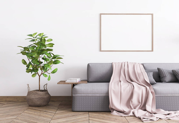 Šedý pohodlný gauč a ratanový hrnec v bílém vzorovém interiéru, jednolůžkový dřevěný plakát A3, stylová domácí fotografie, stock fotografie. 3D vykreslování, ilustrace - Fotografie, Obrázek