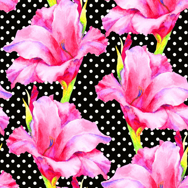 Watercolor hand paint pink gladiolus bud, seamless pattern, template for textile, wallpaper, wrapping paper - Фото, изображение