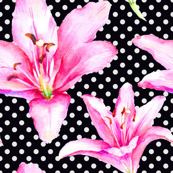 Watercolor hand paint pink lily, seamless pattern for textile, wrapping, scrapbooking paper, wallpaper. - Fotografie, Obrázek