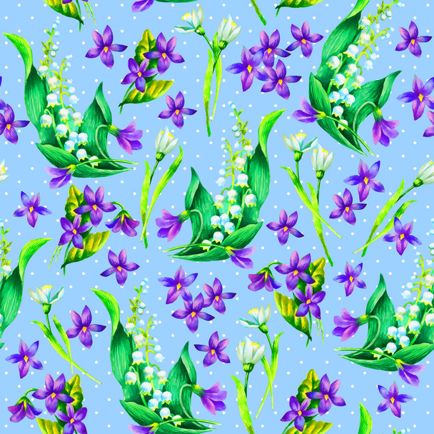 Spring flowers: snowdrop, may-lilly, viola  seamless pattern, hand paint watercolor illustration, template for textile, wallpaper, wrapping paper - Foto, Imagem
