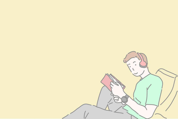 Człowiek czytający książkę i słuchający muzyki ze słuchawką na sofie, Życie w domu i pobyt w domu dla ochrony przed koronawirusem "COVID-19" koncepcja rysunek wektor postaci. - Wektor, obraz