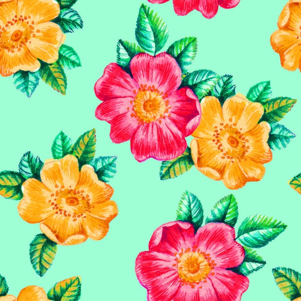 Watercolor hand paint dog rose flowers seamless pattern, template for textile, wallpaper, wrapping paper - Photo, Image