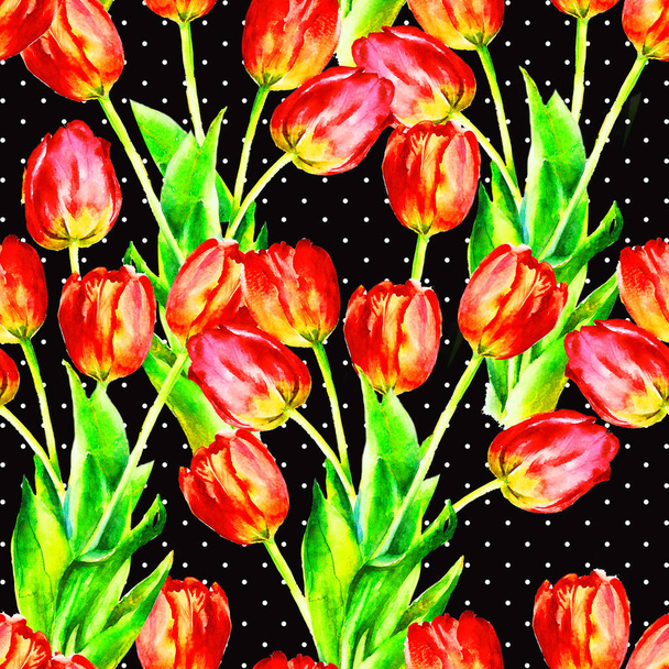 Red tulips, hand painted watercolor vector illustration, seamless pattern, template for textile, wallpaper, wrapping paper - Foto, Bild