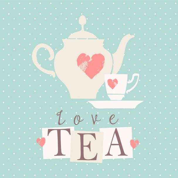 Love tea, teapot and cup of tea, vintage vector hand drawn illustration. - Vector, Imagen