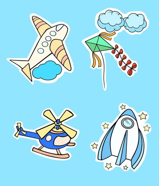set of flying objects transport rocket helicopter airplane vector illustration stickers baby colored icons - Вектор, зображення