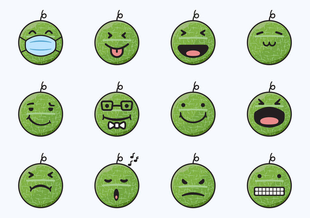 Set di simpatico personaggio di melone frutta in diverse emozioni - Vettoriali, immagini