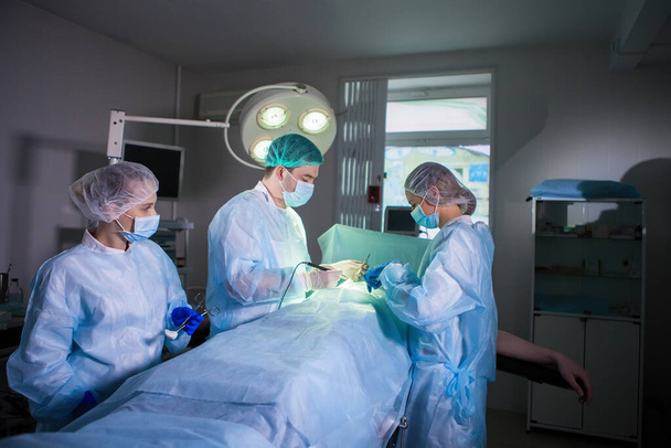 Drie chirurgen tijdens buikchirurgie. Blauwe uniformen, latex handschoenen, medische instrumenten. spotverlichting. - Foto, afbeelding