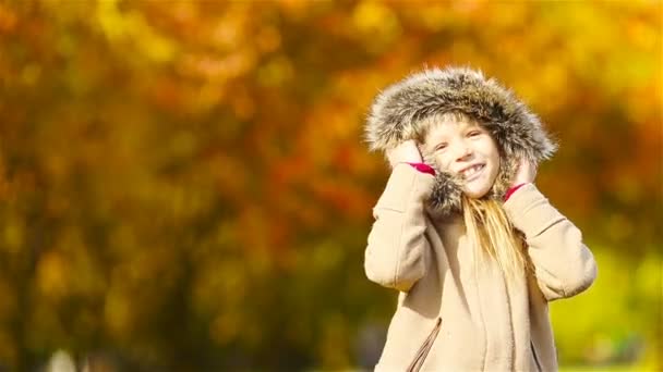 Aranyos kislány portréja a szabadban, gyönyörű, meleg napon, őszi sárga levéllel. - Felvétel, videó
