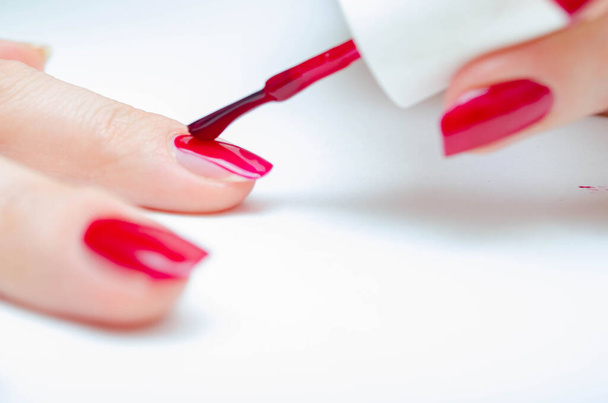 Manicure at home. DIY manicure. The girl paints herself nails in red, burgundy. Glossy nail polish. Macro in macro. Brush is applying varnish on the nail in a strong large zoom on a white background - Fotografie, Obrázek