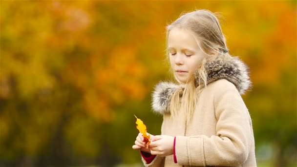 Güzel, sıcak bir günde, sonbaharda sarı yapraklı, sevimli küçük bir kızın portresi. - Video, Çekim