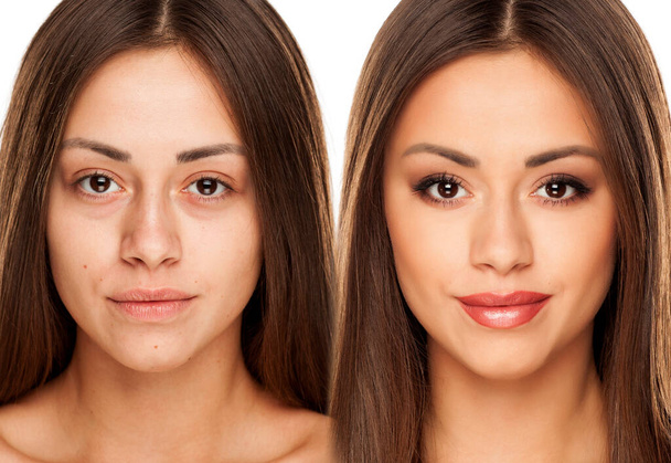 Vergelijking portret van jonge vrouw zonder, en met make-up op een witte achtergrond - Foto, afbeelding