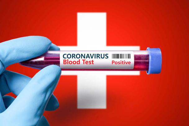 A test tube with a positive test for coronavirus against the background of the flag of Switzerland.  COVID-19 concept for fighting the coronavirus epidemic in Switzerland  - Photo, image