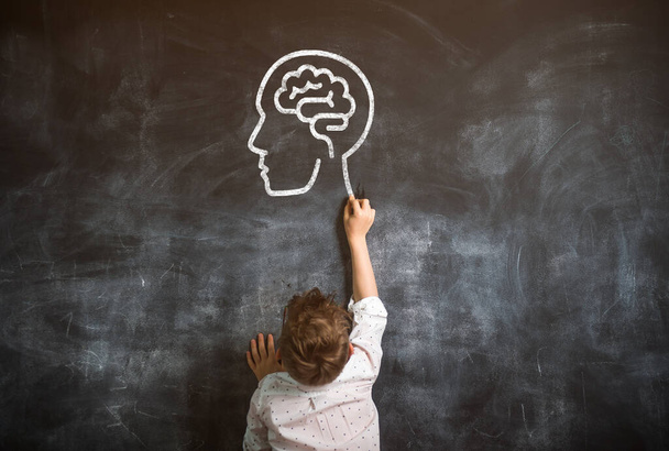 Back view of little kid writing brain on blackboard. Back to school - Фото, изображение