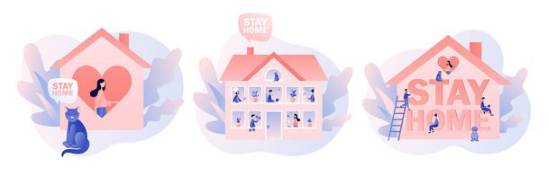 Stay at home. Quarantine and self-isolation concept. Global viral epidemic or pandemic. Tiny people at house. Modern flat cartoon style. Vector illustration on white background - Vector, Image