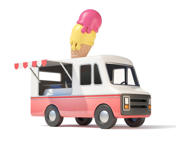 Ice cream truck, street food, 3d rendering - Fotoğraf, Görsel