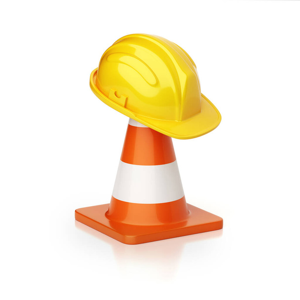 Under construction concept, traffic cones and hard hat, 3d rendering - Fotoğraf, Görsel